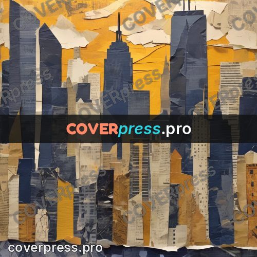 Torn paper collage: skyscrapers in a blue city