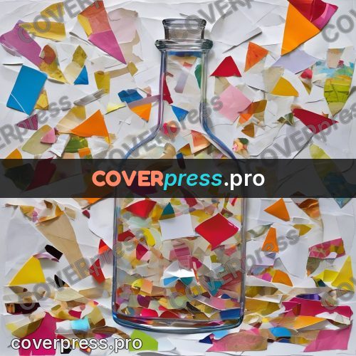 Torn paper collage: bottle filled with coloured pieces