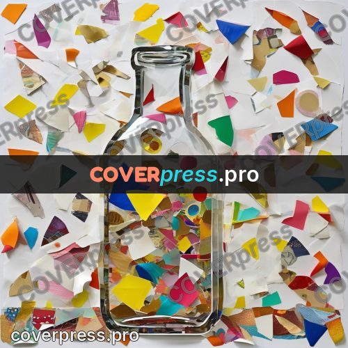 Torn paper collage: bottle filled with coloured pieces