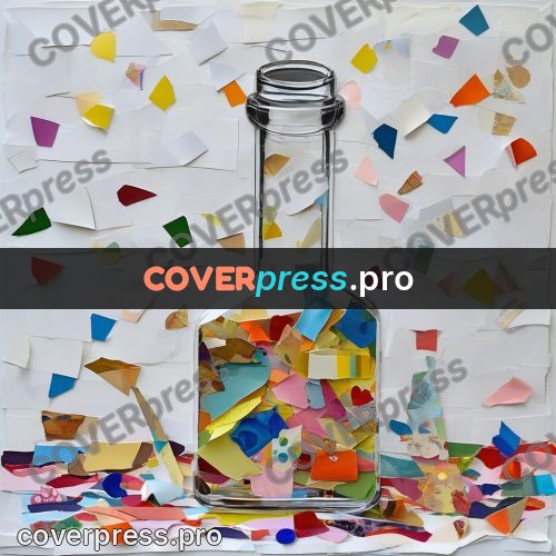 Torn paper collage: bottle filled with coloured pieces