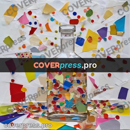 Torn paper collage: bottle filled with coloured pieces
