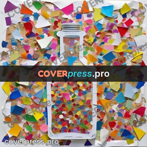 Torn paper collage: bottle filled with coloured pieces
