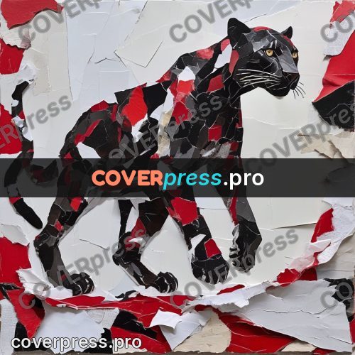 Torn paper collage: panther in red and black