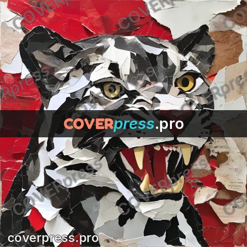 Torn paper collage: panther in red and black