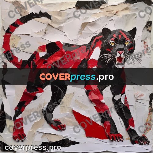 Torn paper collage: panther in red and black