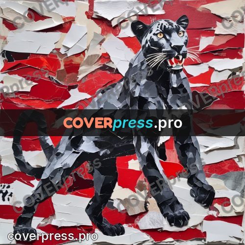 Torn paper collage: panther in red and black