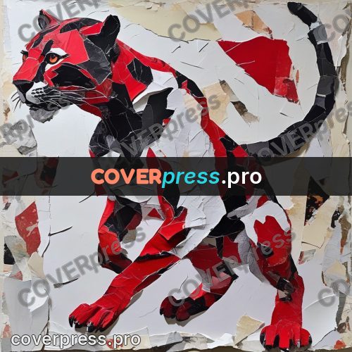 Torn paper collage: panther in red and black