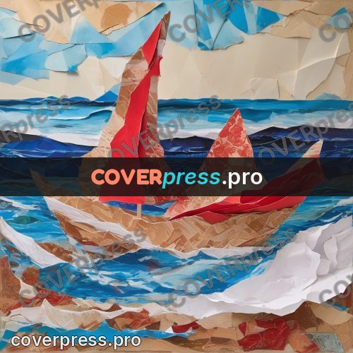 Torn paper collage: boat with a red sail