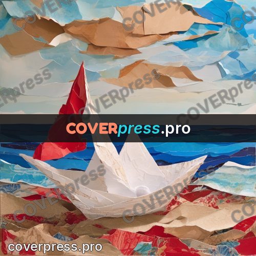 Torn paper collage: boat with a red sail