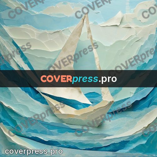 Torn paper collage: white boat on the waves