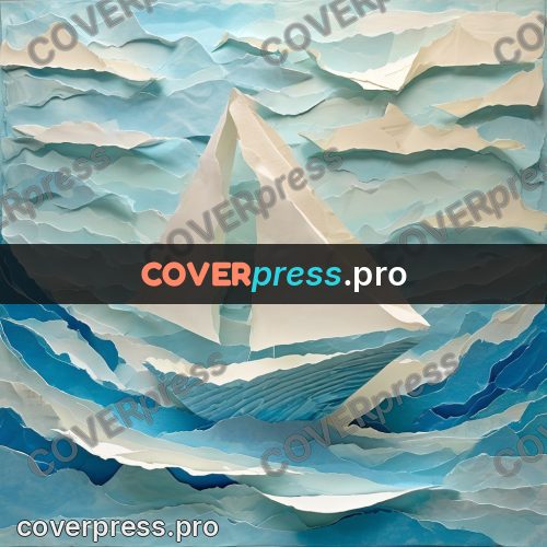 Torn paper collage: white boat on the waves