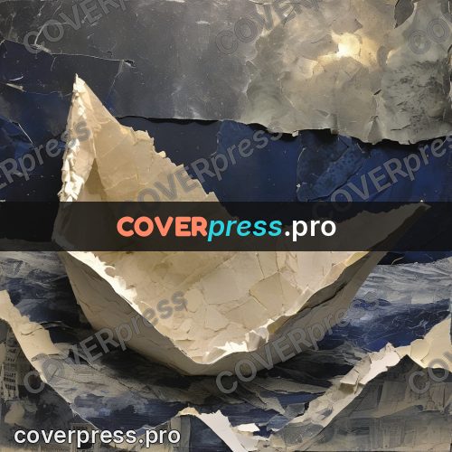 Torn paper collage: boat hull above the water