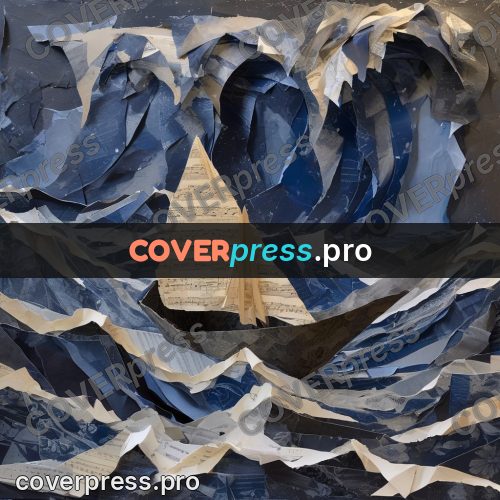 Torn paper collage: sailboat among blue waves