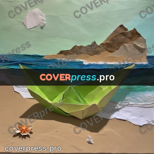 Torn paper collage: green boat on the sand