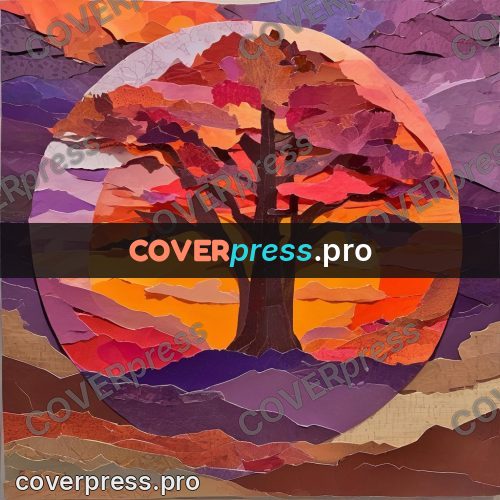 Torn paper collage: autumn forest at sunset