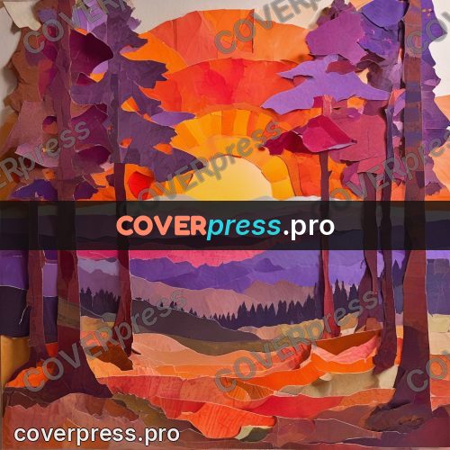 Torn paper collage: autumn forest at sunset