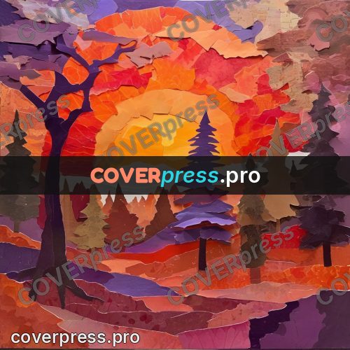 Torn paper collage: autumn forest at sunset