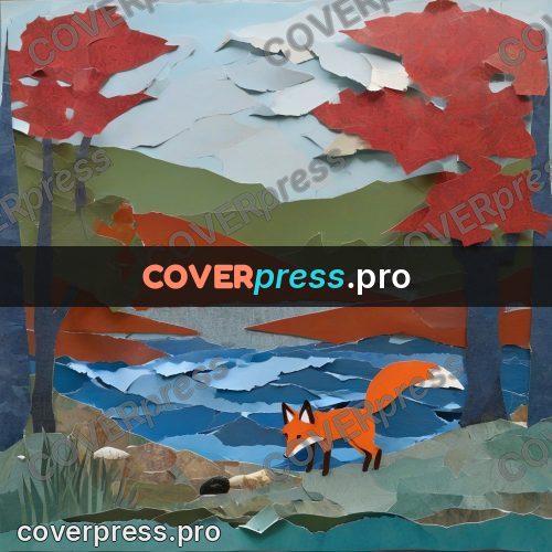 Torn paper collage: fox by a river