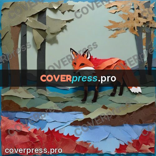 Torn paper collage: fox by a river