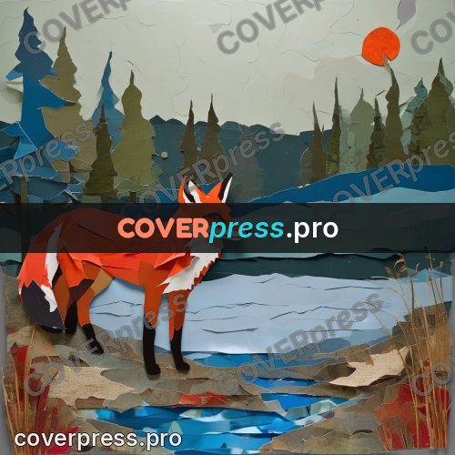 Torn paper collage: fox by a river