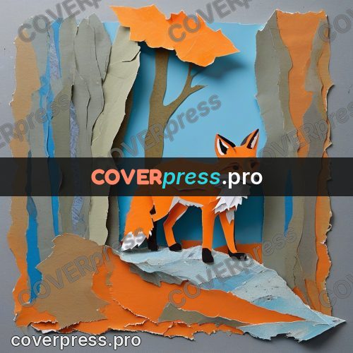 Torn paper collage: fox among slender trunks