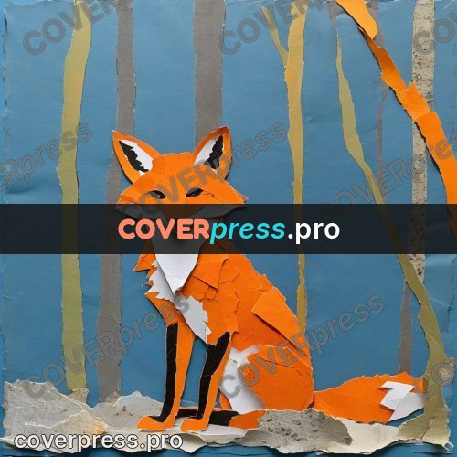 Torn paper collage: fox among slender trunks
