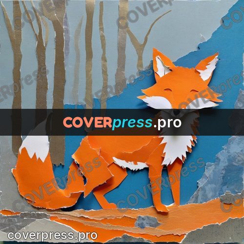 Torn paper collage: fox among slender trunks