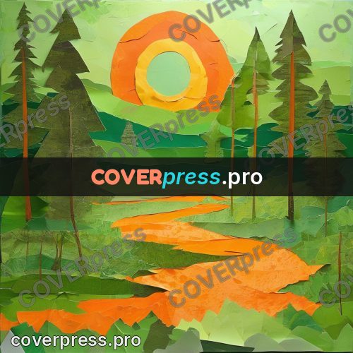 Torn paper collage: orange path in a green forest