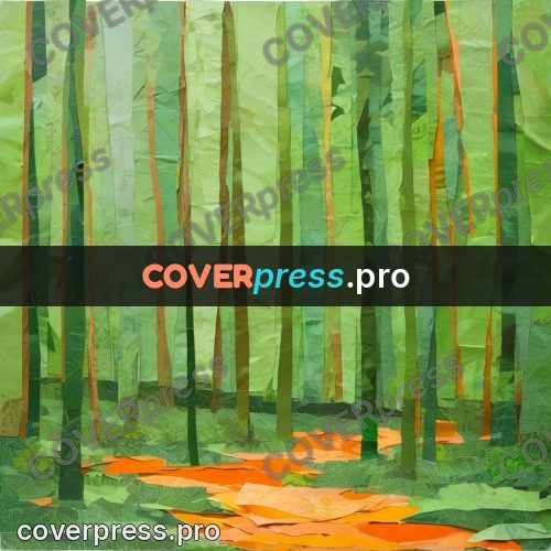 Torn paper collage: orange path in a green forest