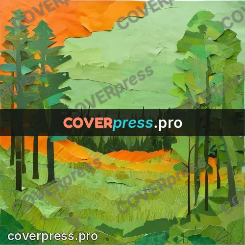 Torn paper collage: orange path in a green forest