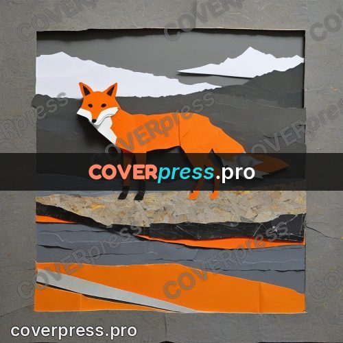 Torn paper collage: fox on a rocky shore