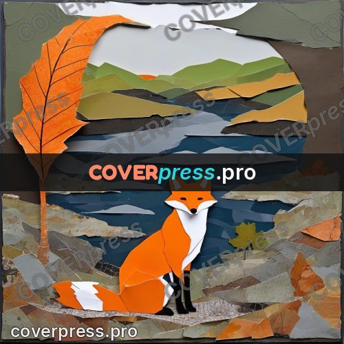 Torn paper collage: fox on a rocky shore