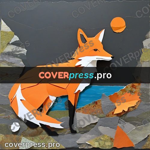Torn paper collage: fox on a rocky shore