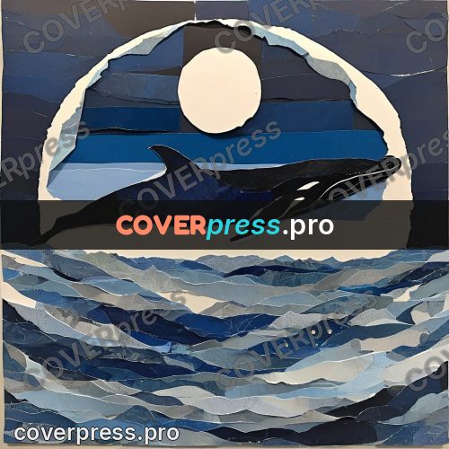 Torn paper collage: whale under the moon