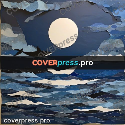 Torn paper collage: whale under the moon