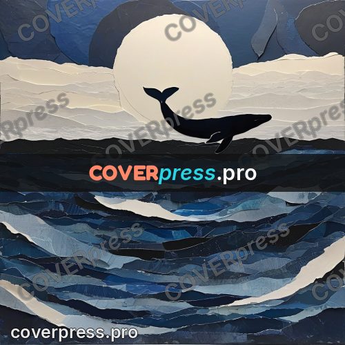 Torn paper collage: whale under the moon