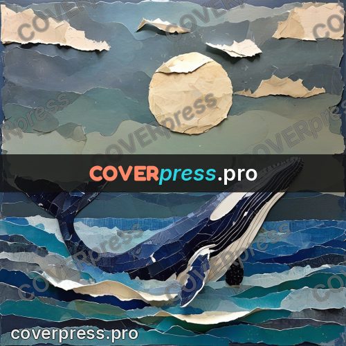 Torn paper collage: whale leaping from the waves