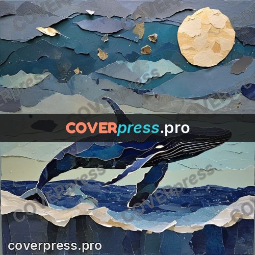 Torn paper collage: whale leaping from the waves
