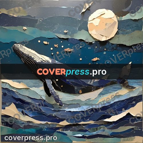 Torn paper collage: whale leaping from the waves