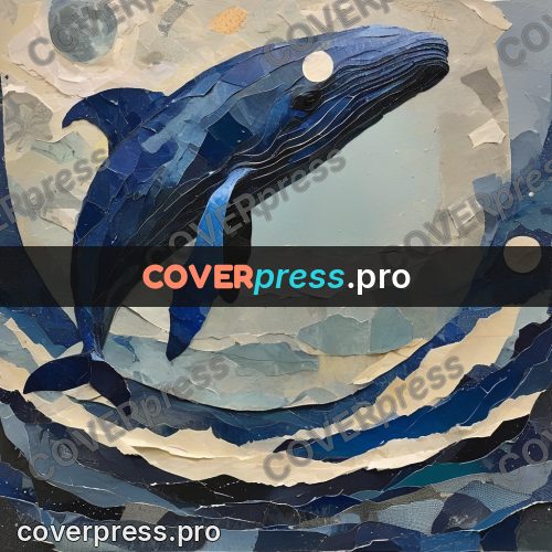 Torn paper collage: moon above blue layers