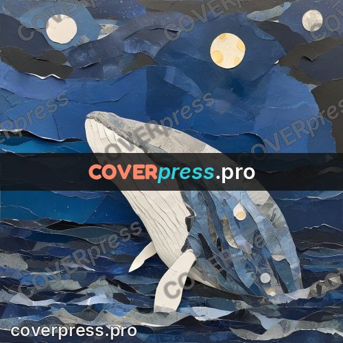 Torn paper collage: moon above blue layers