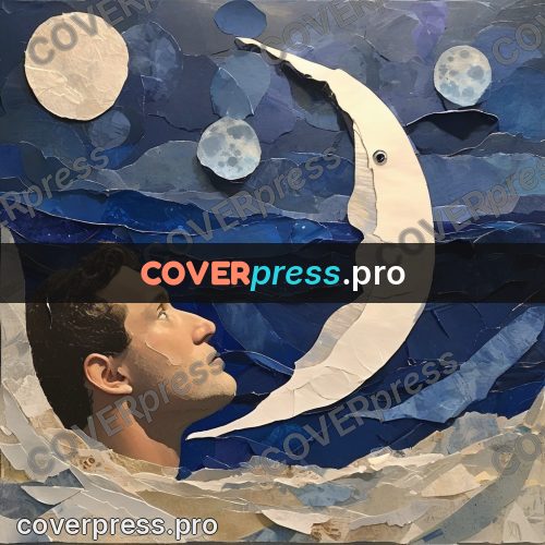 Torn paper collage: moon above blue layers