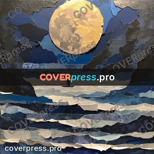 Torn paper collage: moon over a night sea