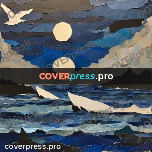 Torn paper collage: moon over a night sea