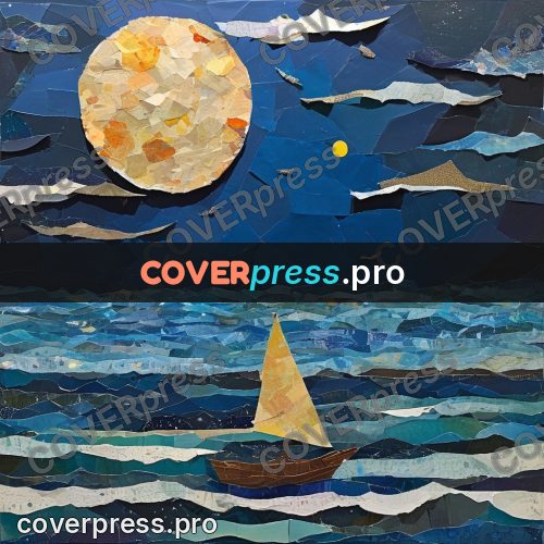 Torn paper collage: boat at sea under the moon
