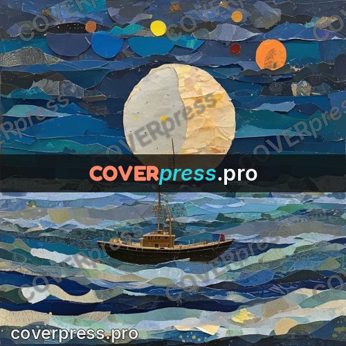 Torn paper collage: boat at sea under the moon