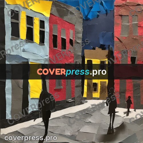 Torn paper collage: street of coloured houses