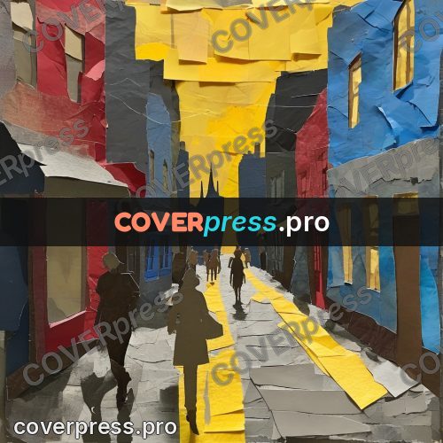 Torn paper collage: street of coloured houses