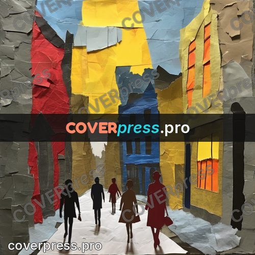 Torn paper collage: street of coloured houses