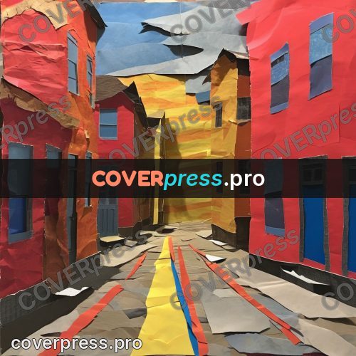 Torn paper collage: red and yellow houses